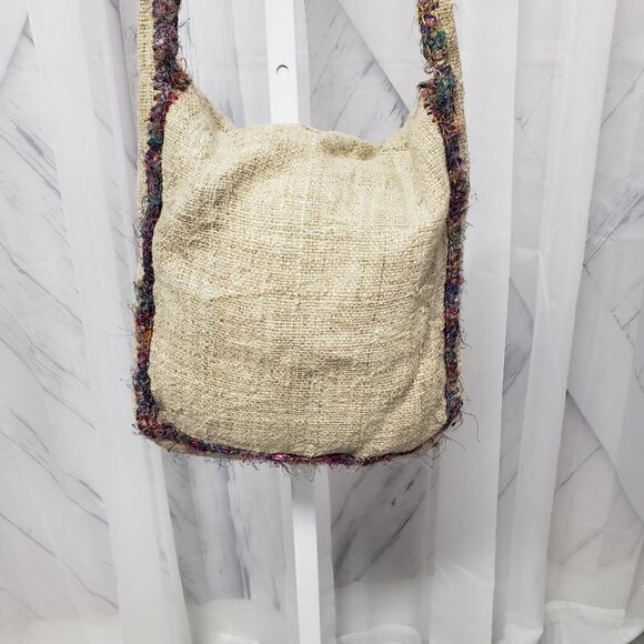 Lakhays Collection Oatmeal Fuzzy Trim 100% Hemp Messenger Crossbody Bag - Picture 6 of 15